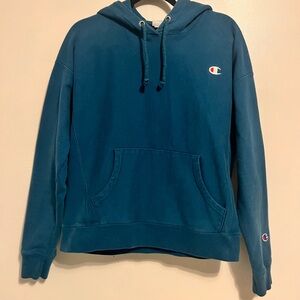 Vintage Champion Teal Blue Hoodie with Embroidered Logo Size Large